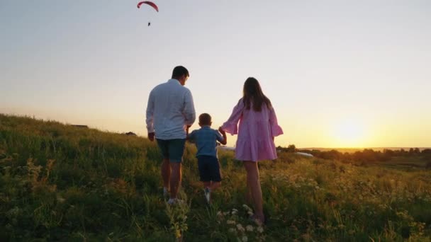 Родина тримає руки і ходить на лузі під час заходу сонця — стокове відео