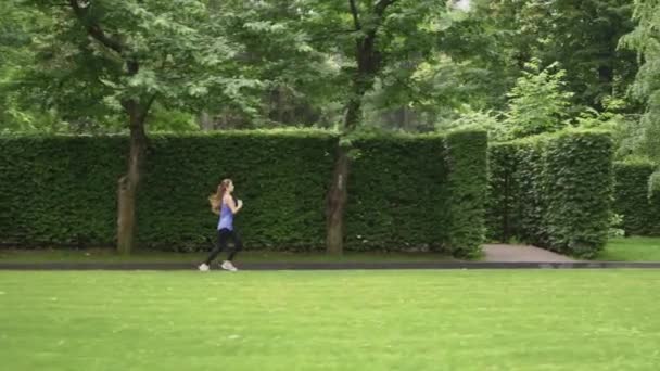 Mujer corriendo contra el laberinto del jardín en cámara lenta — Vídeos de Stock