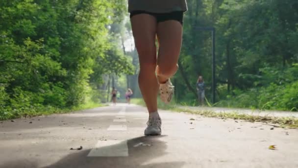 Långsamma rörelser ben kvinna jogging på morgonen — Stockvideo