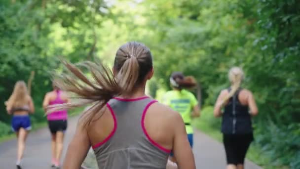 Grupo de mulheres jogging em câmera lenta no parque — Vídeo de Stock