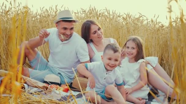Отец щекочет детей на семейном пикнике — стоковое видео