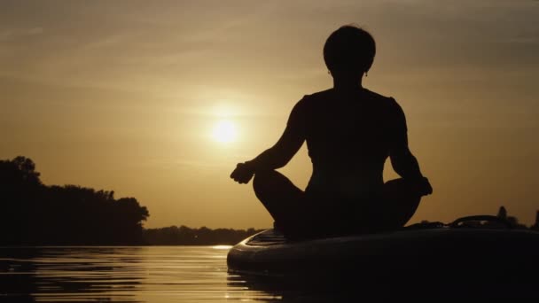 Mulher meditando em SUP bordo ao pôr do sol — Vídeo de Stock