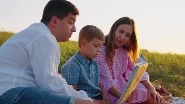 Pappa läser bok för son på familje picknick — Stockvideo