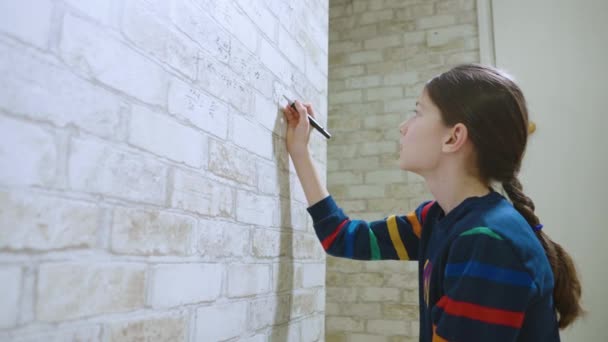 Smart child solving mathematic equations on wall — Stock Video