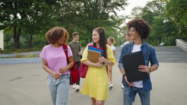 Estudantes alegres caminhando juntos depois das aulas — Vídeo de Stock