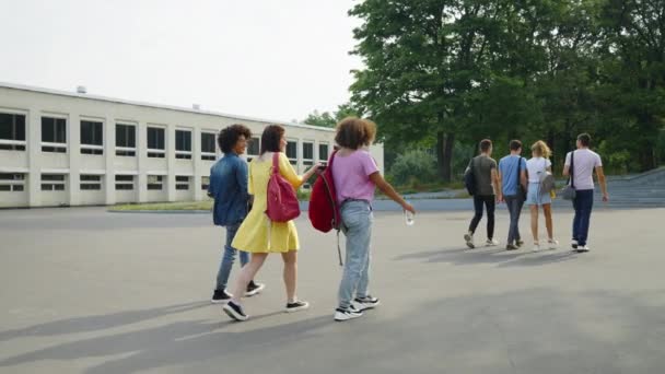 Медленное движение студентов, идущих домой после занятий — стоковое видео