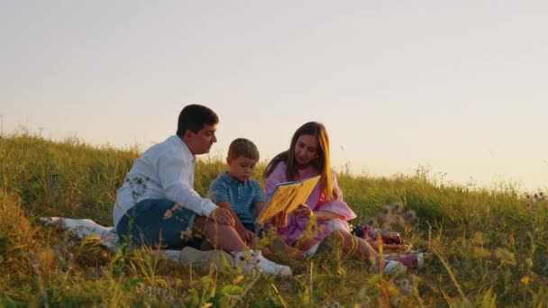 Padre leyendo cuento de hadas a su pequeño hijo en el picnic familiar — Vídeo de stock