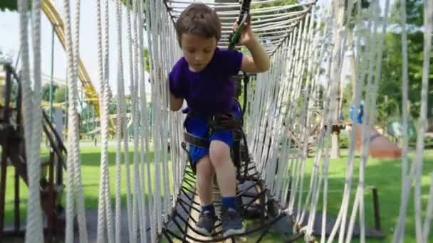 Jongen wandelen in tunnel van touwen in pretpark — Stockvideo