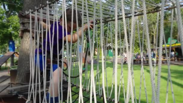 Entretenimento infantil seguro na trilha da corda — Vídeo de Stock