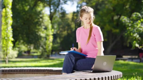 Estudiantes estudiando con laptop en el parque — Vídeos de Stock