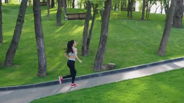 Passform kvinna jogga i parken i slow motion — Stockvideo