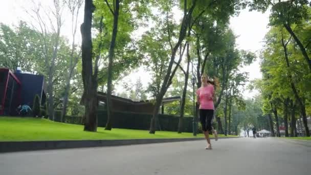 Fitte Frau joggt morgens im Park — Stockvideo