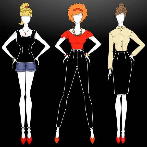 Три модели в разной одежде — стоковый вектор