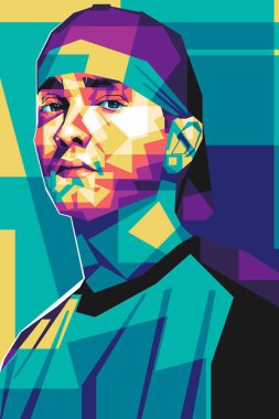 Ünlü şarkıcı Eminem Popart vektör sanat tarzı. Soyut bir arkaplan ile renkli bir illüstrasyon tasarımında.