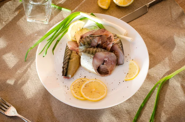 Smoked mackerel white plate — Stock Photo, Image