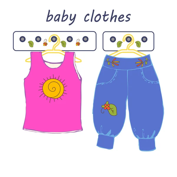 Ein Satz Kinderkleidung auf Kleiderbügeln — Stockvektor