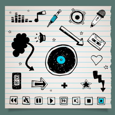 Doodle siyah beyaz müzik simgeler koleksiyonu