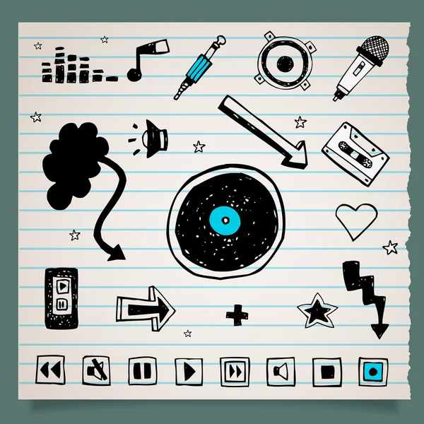 Colección de iconos de música en blanco y negro doodle — Vector de stock