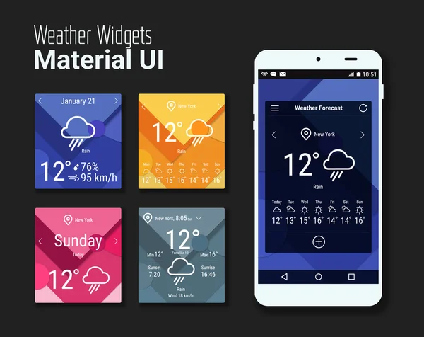 Widgets meteorológicos UI y UX material Kit — Archivo Imágenes Vectoriales