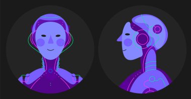 Chatbot robot vektör çizimi. Yüz ve yan pozisyonları olan izole edilmiş detaylı robot çizimi