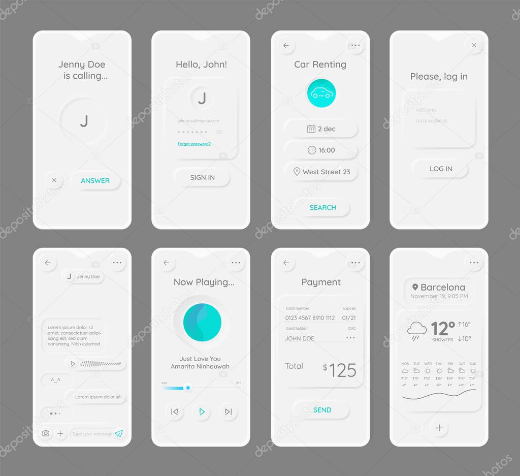Set of modern trendy smoothy responsive mobile UI templates of trendy app templates with smartphone mockups. Neomorphism