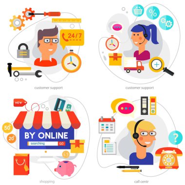 Çevrimiçi Alışveriş, Müşteri ve Teknik Destek ve Senter konsept afişleri. Düz biçim vektör illüstrasyonu çevrimiçi web pankartları