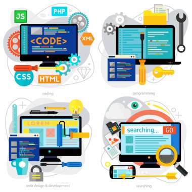 Programlama ve kodlama, senaryo ve web sitesi geliştirme ve web tasarım kavramları. Yatay pankartlar