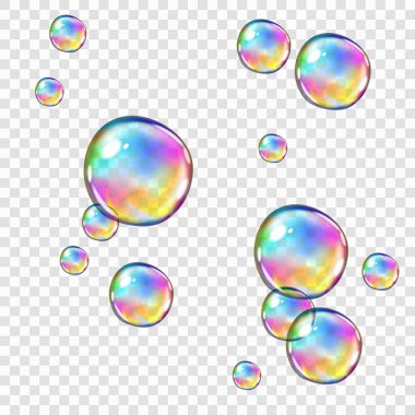 Şeffaf sabun köpükleri, şeffaf arkaplanda izole edilmiş, düzenlemesi kolay, 10 EPS