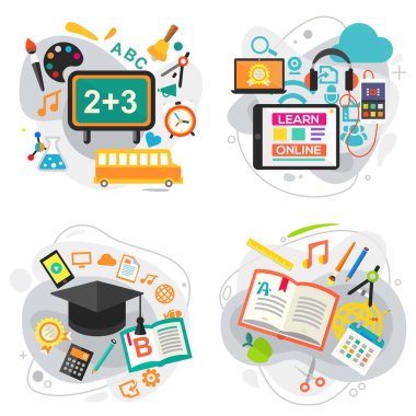 Düz tasarım amip stili E-öğrenme ve son moda illüstrasyonlu Eğitim afişleri