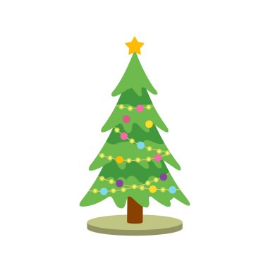 Üstünde sarı bir yıldız olan bir Noel ağacı. Renkli süslerle süslenmiş ve siyah arka planda sicim ışıkları var.