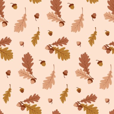 Meşe palamutları ve pürüzsüz desenler. Kahverengi meşe palamudu ve yapraklarla dolu, sonbahar mevsimi. Düz biçimli vektör illüstrasyonu.