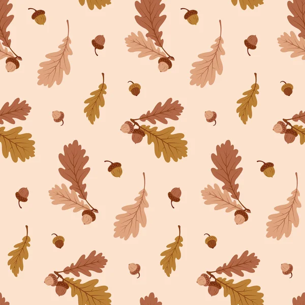Meşe palamutları ve pürüzsüz desenler. Kahverengi meşe palamudu ve yapraklarla dolu, sonbahar mevsimi. Düz biçimli vektör illüstrasyonu.