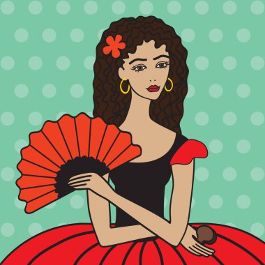 Elinde yelpaze ve kastanyetlerle İspanyol bir kadının portresi. Saçında çiçek olan bir çingene. Kırmızı elbiseli bir esmer. Çingene Carmen