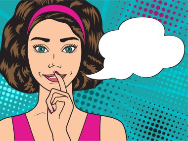 Pop sanatı tarzında bir kızın portresi. Dudaklarında parmak hareketiyle geçmişe dönük bir portre. Kahverengi saçlı kadın, klasik tarzda..