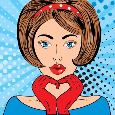 Pop sanatı tarzında bir kızın portresi. Retro portre ve kalp şeklinde bir jest. Kahverengi saçlı, eski tarz eldivenli bir kadın..