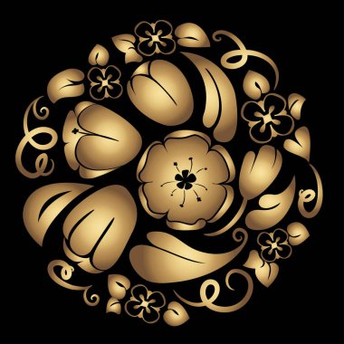 Daire şeklinde altın bir süs. Koyu bir arka planda altın bir vektör deseni. Çiçeklerin ve yaprakların çiçek süsü..