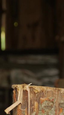 Köy barakasının içindeki kütük köşesinde gömülü eski baltayı kapat