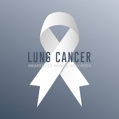 Lung cancer awareness month banner template with white ribbon over gradient grey background. 