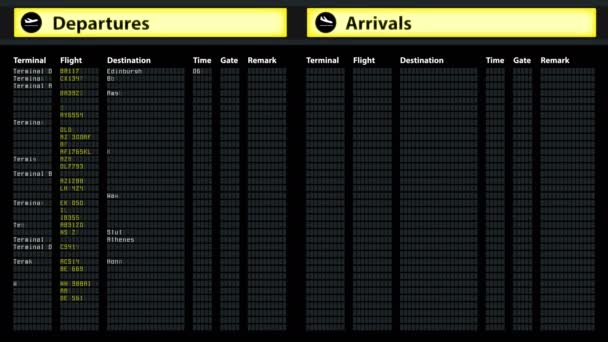 Luchthaven tijdschema aankomsten en vertrekken bord met vluchtinformatie wijzigen — Stockvideo