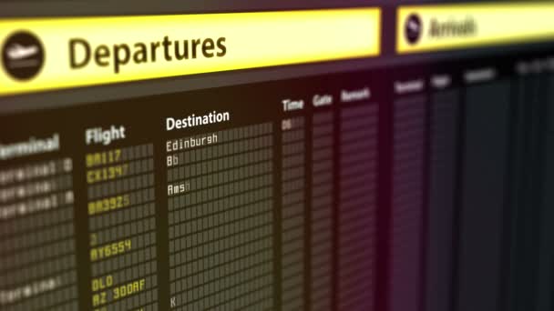 Saídas placa de sinalização com informações de voo, cidades de destino no horário — Vídeo de Stock