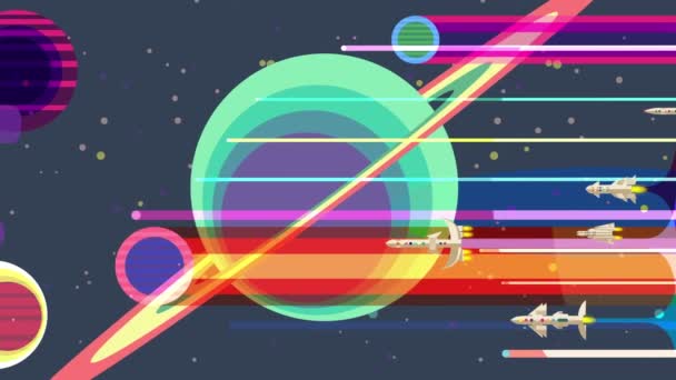 Rachete spațiale care zboară pe lângă planete și stele mari, futurism retro, animație — Videoclip de stoc