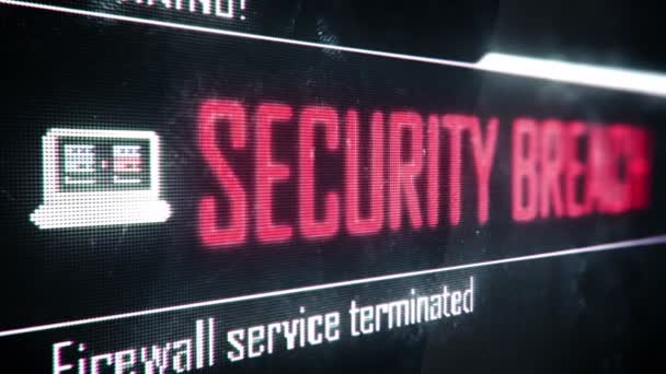 Violación de seguridad, texto de pantalla terminado servicio de firewall, notificación del sistema — Vídeos de Stock