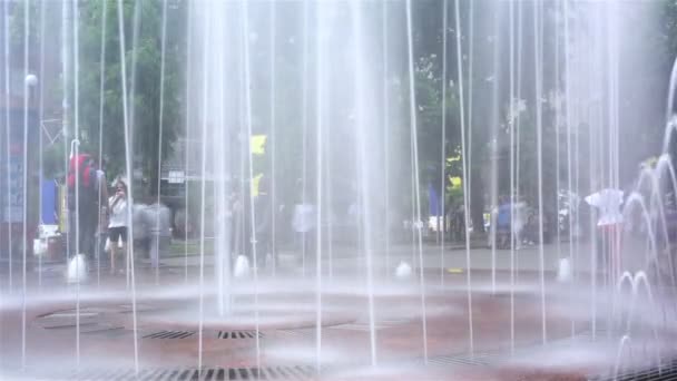 Kyjev, Ukrajina - cca května 2016: Lidé u fontány. Přeplněný cesta s velkou fontánou, lidé se těší procházka v parku na letní den — Stock video