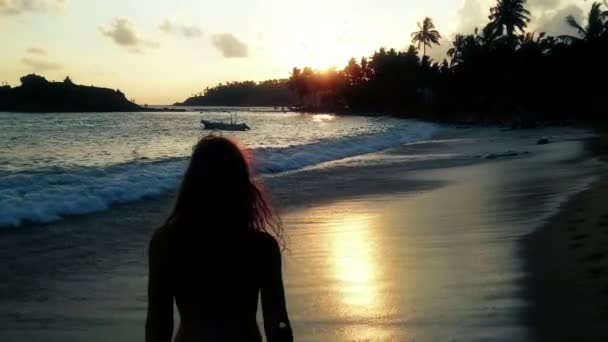 Jonge vrouw lopen langzaam op tropisch strand bij zonsondergang, wind wappert haar haren — Stockvideo