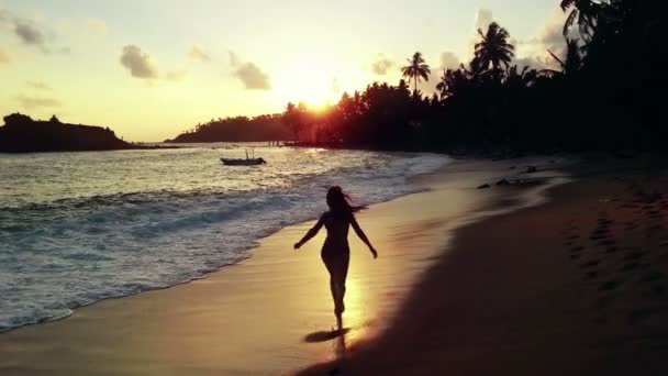 Šťastná mladá žena, běh, skákání, tančí s radostí na pláž paradise, svoboda — Stock video