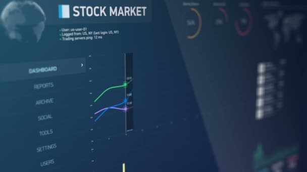 Наблюдение за ситуацией на фондовом рынке, глобальная финансовая статистика на экране, анализ — стоковое видео