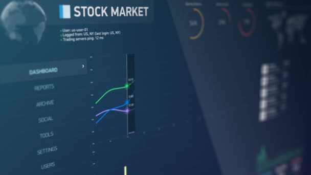 Χρηματιστηριακή αγορά κατάσταση ρολογιών, παγκόσμιες χρηματοοικονομικές στατιστικές στην οθόνη, ανάλυση — Αρχείο Βίντεο