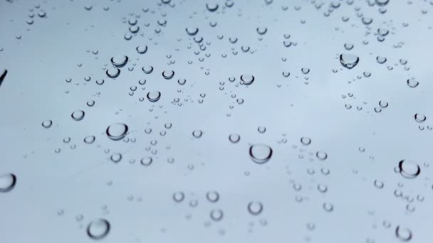 Grandes gouttes d'eau sur verre gros plan, gouttelettes de pluie descendant la fenêtre, automne. Fond et textures — Video