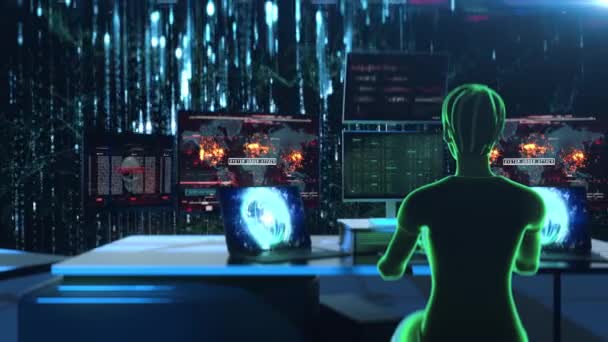 Hackeo de realidad virtual, código de escritura del hacker femenino, evitando cortafuegos, ataque — Vídeo de stock