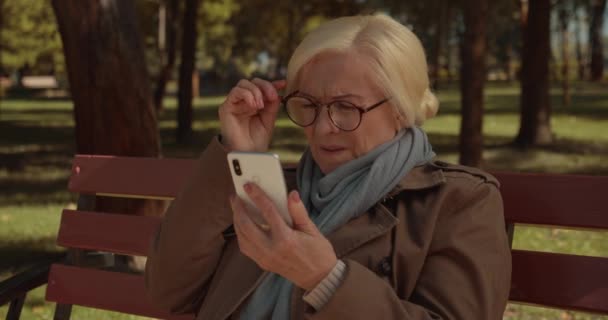 Woman with poor eyesight trying to use online banking application, generation — Stock Video